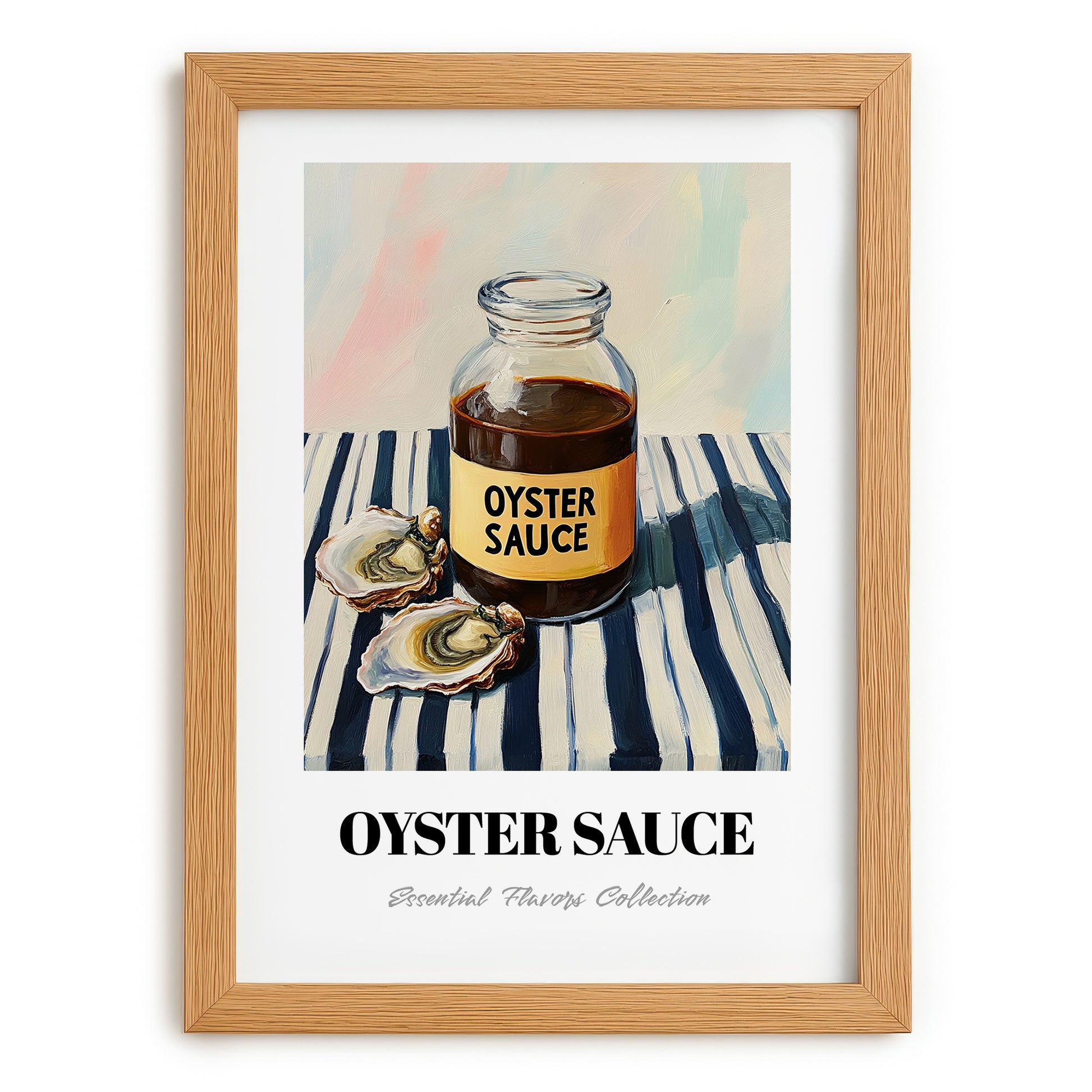 Oyster Sauce – on Striped Tablecloth, Grocery Painting, set in oak frame