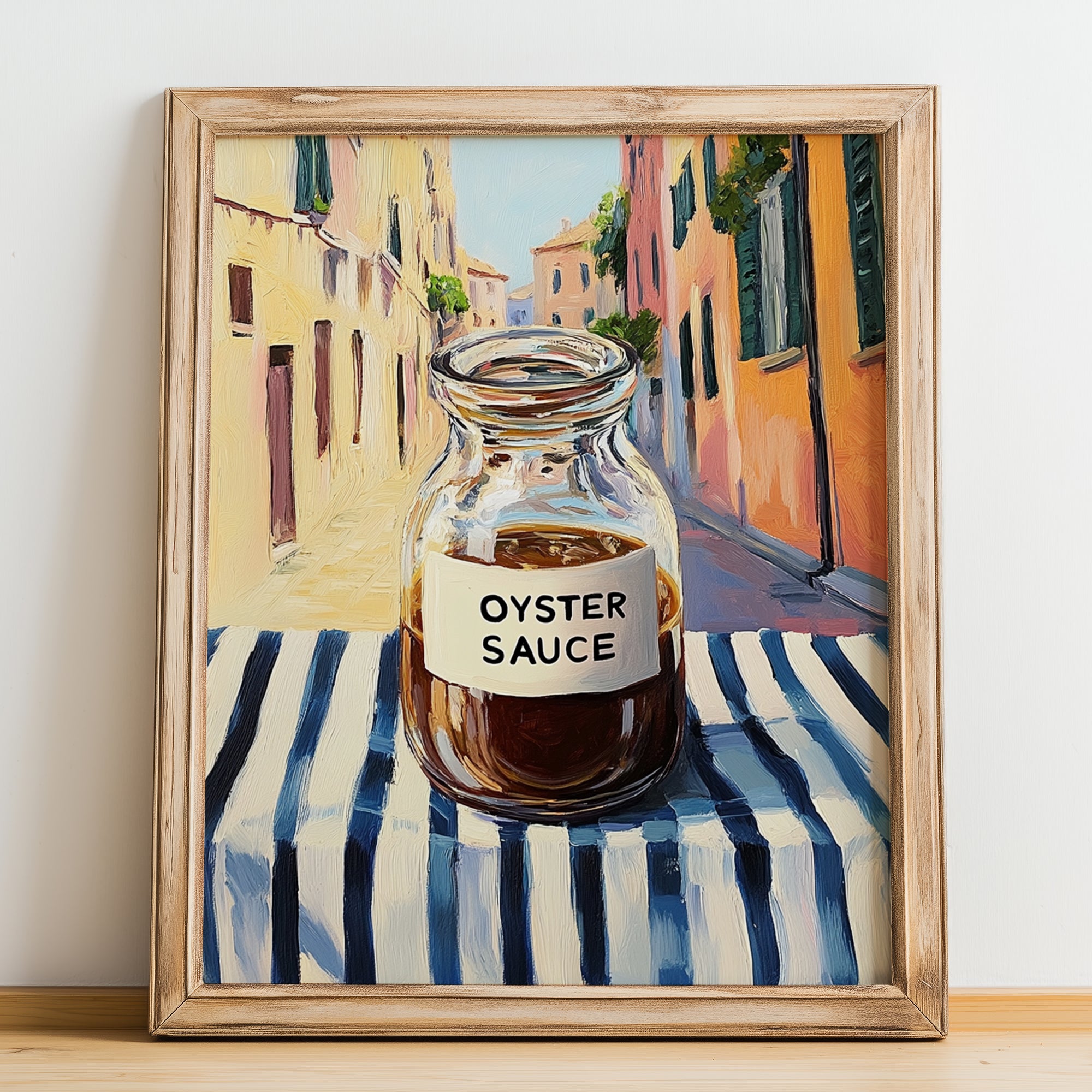 Oyster Sauce – Italian Street Café Scene, Kitchen Storage Painting, no-text version framed in wood