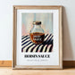 Hoisin Sauce – on Striped Tablecloth, Larder Wall Decor, in wooden frame leaning on the floor