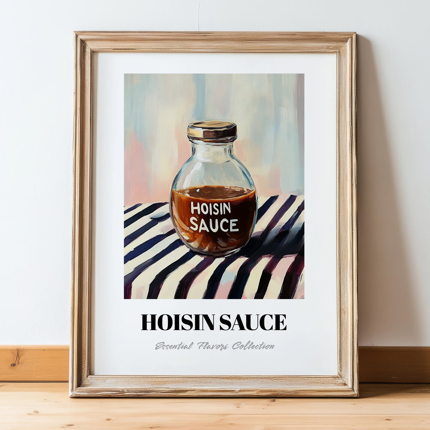 Hoisin Sauce – on Striped Tablecloth, Larder Wall Decor, in wooden frame leaning on the floor