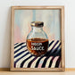 Hoisin Sauce – on Striped Tablecloth, Larder Wall Decor, no-text version framed in wood