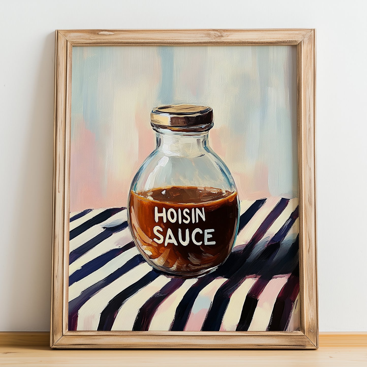 Hoisin Sauce – on Striped Tablecloth, Larder Wall Decor, no-text version framed in wood