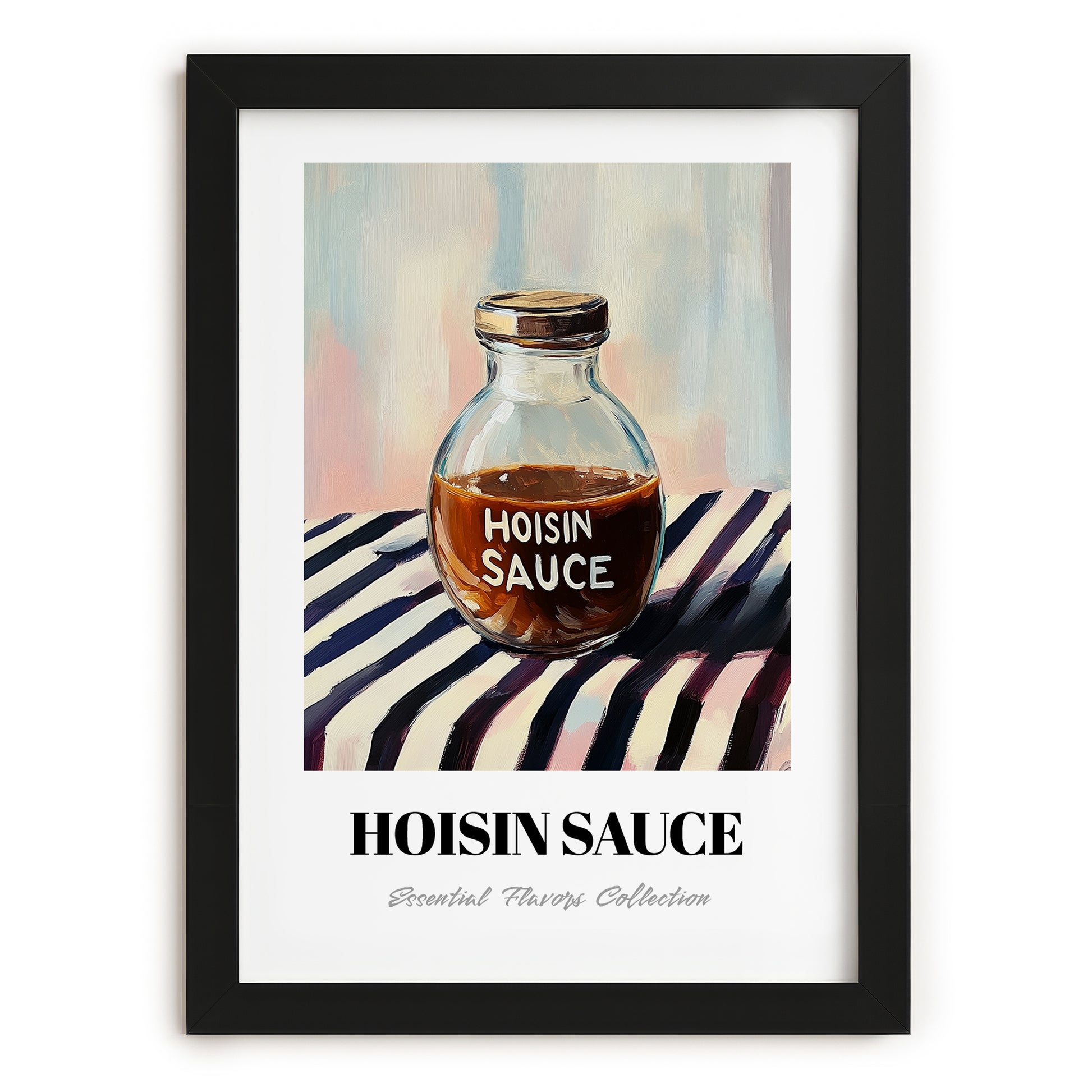 Hoisin Sauce – on Striped Tablecloth, Larder Wall Decor, in sleek black frame