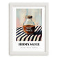 Hoisin Sauce – on Striped Tablecloth, Larder Wall Decor, placed in minimal white frame