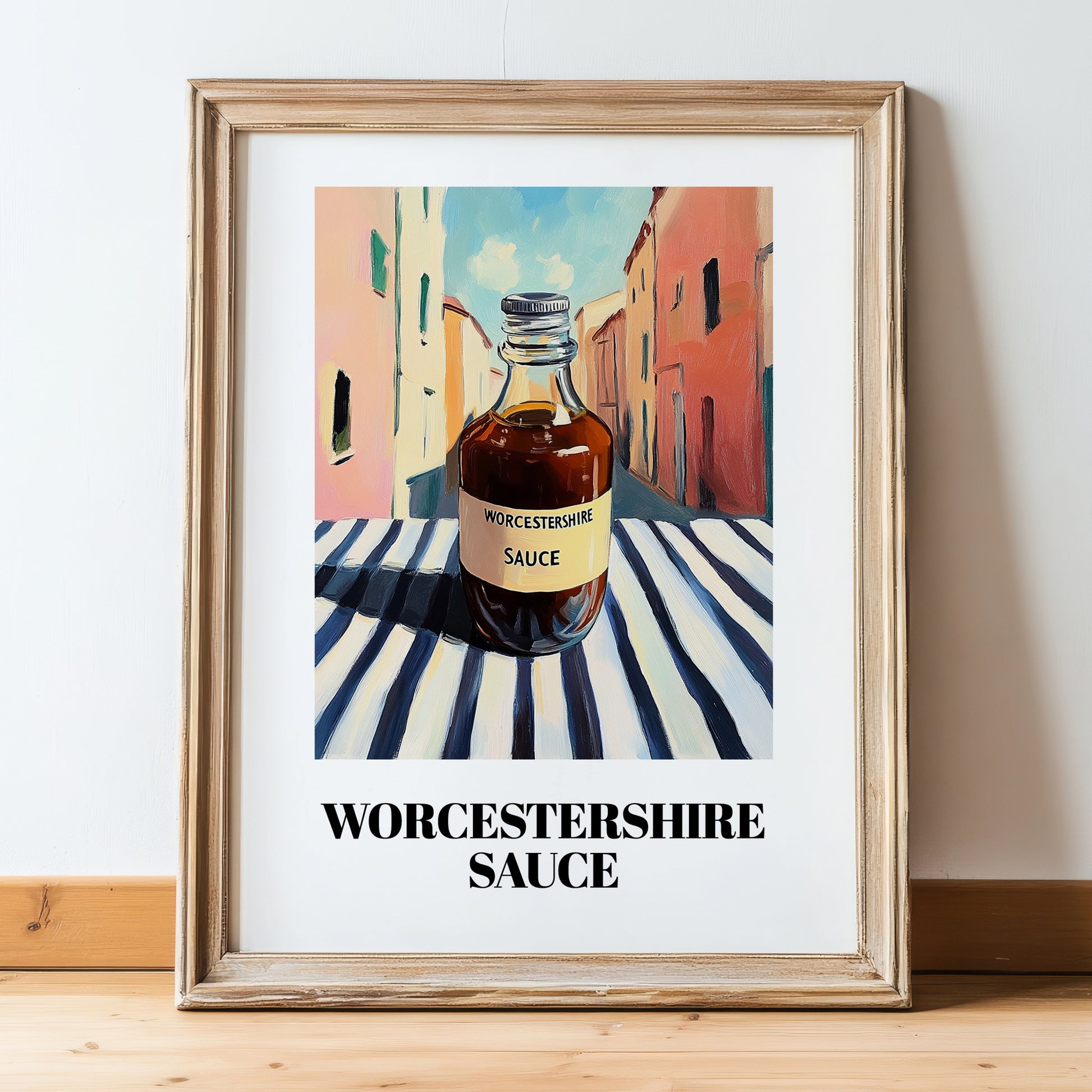 Worcestershire Sauce – Italian Urban Café Scene, Kitchen Storage Painting, in wooden frame leaning on the floor