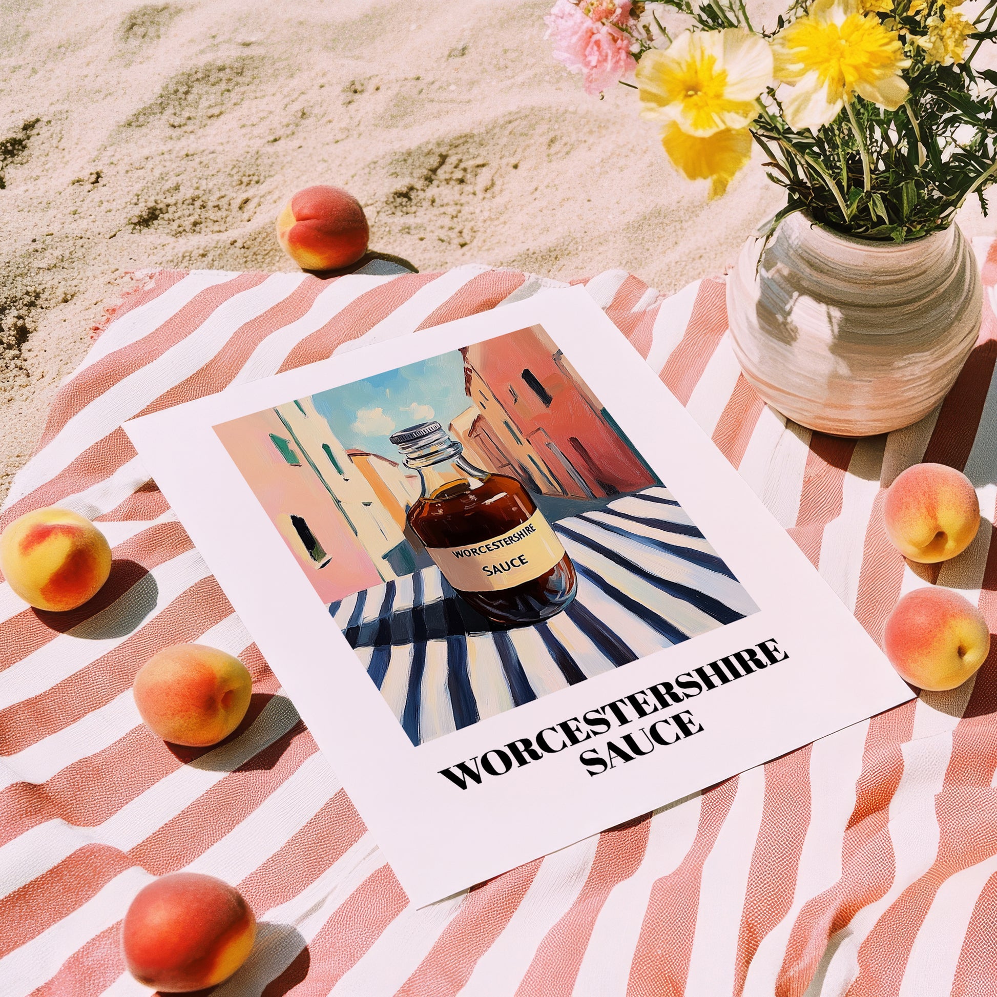 Worcestershire Sauce – Italian Urban Café Scene, Kitchen Storage Painting, unframed on coastal sand