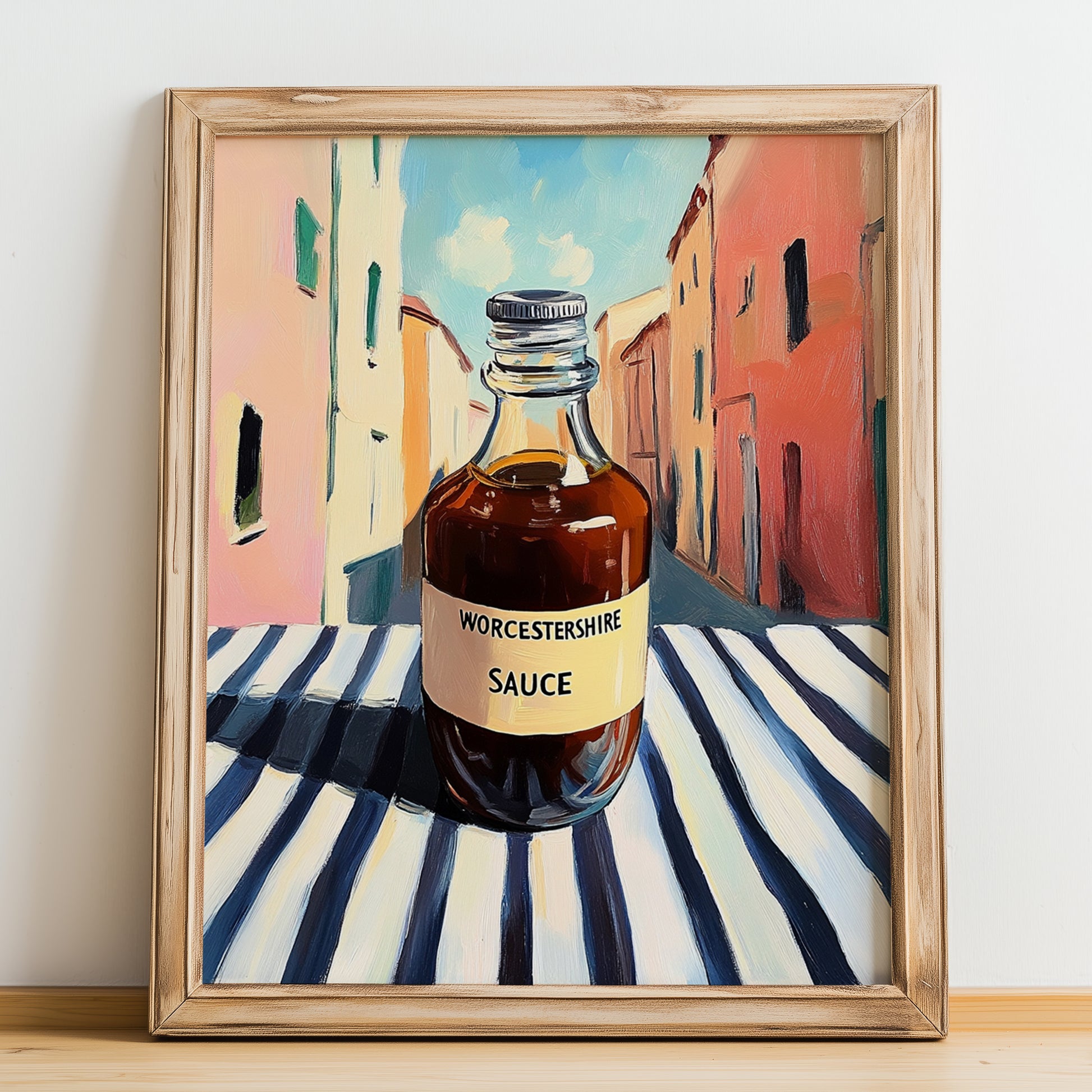 Worcestershire Sauce – Italian Urban Café Scene, Kitchen Storage Painting, no-text version framed in wood