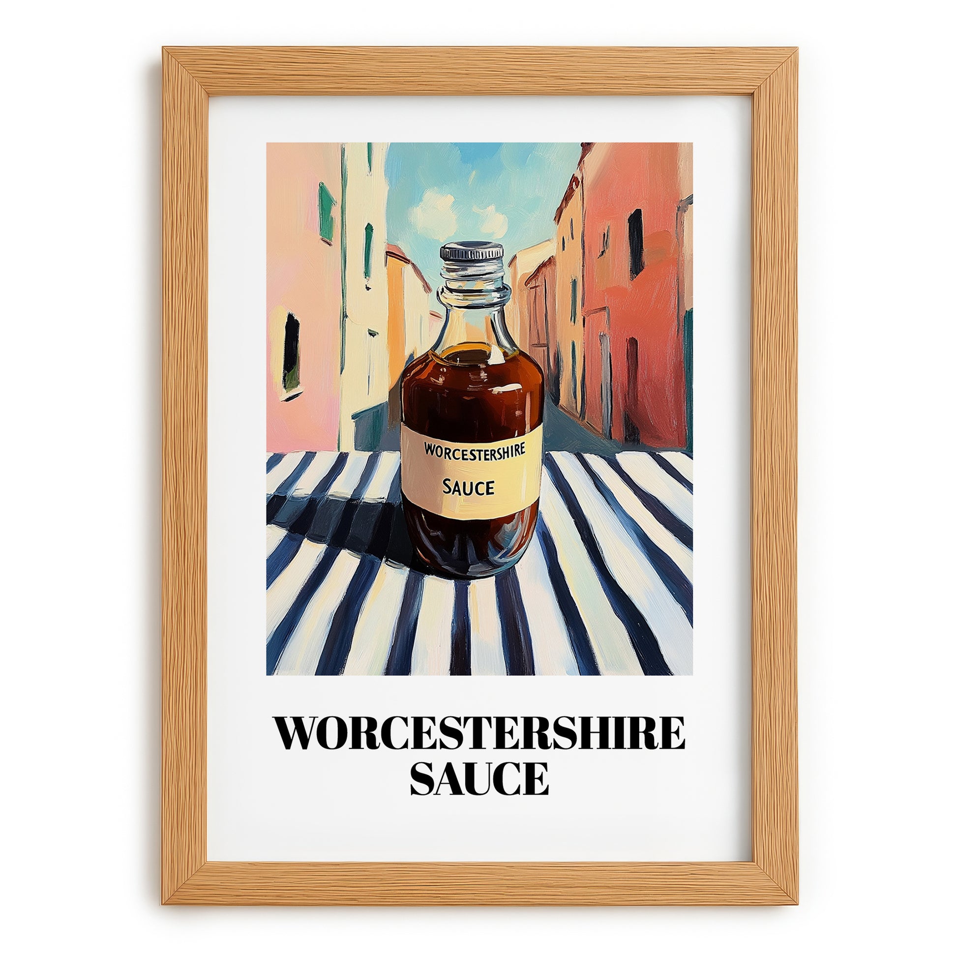 Worcestershire Sauce – Italian Urban Café Scene, Kitchen Storage Painting, set in oak frame