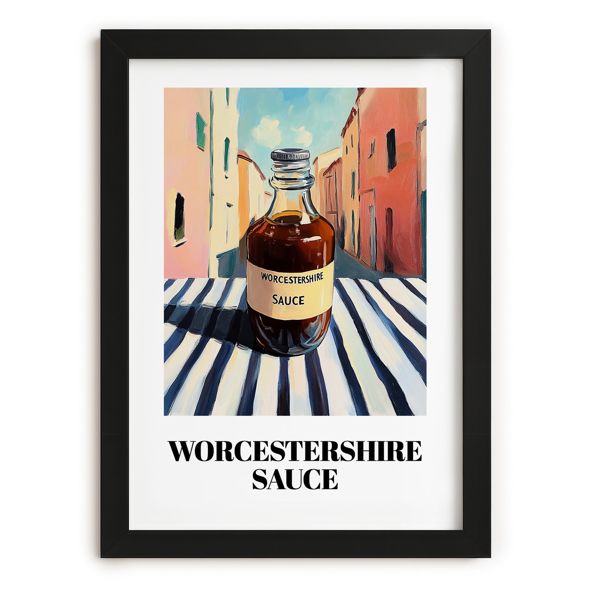 Worcestershire Sauce – Italian Urban Café Scene, Kitchen Storage Painting, in sleek black frame