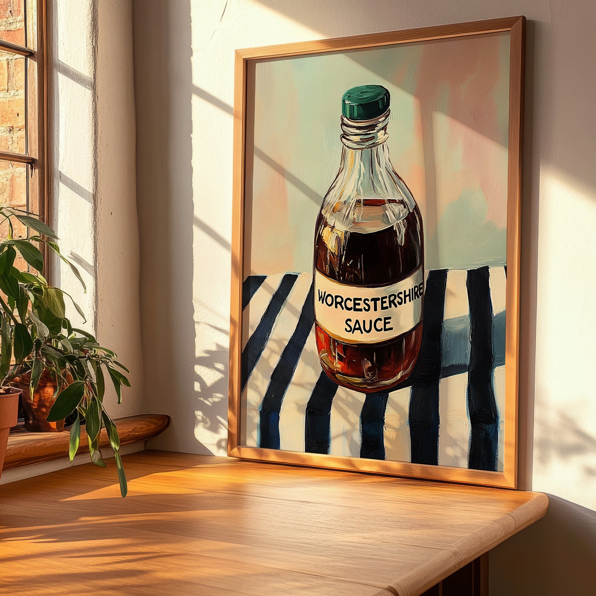 Worcestershire Sauce – on Striped Tablecloth, Grocery Still Life, clean layout with no caption