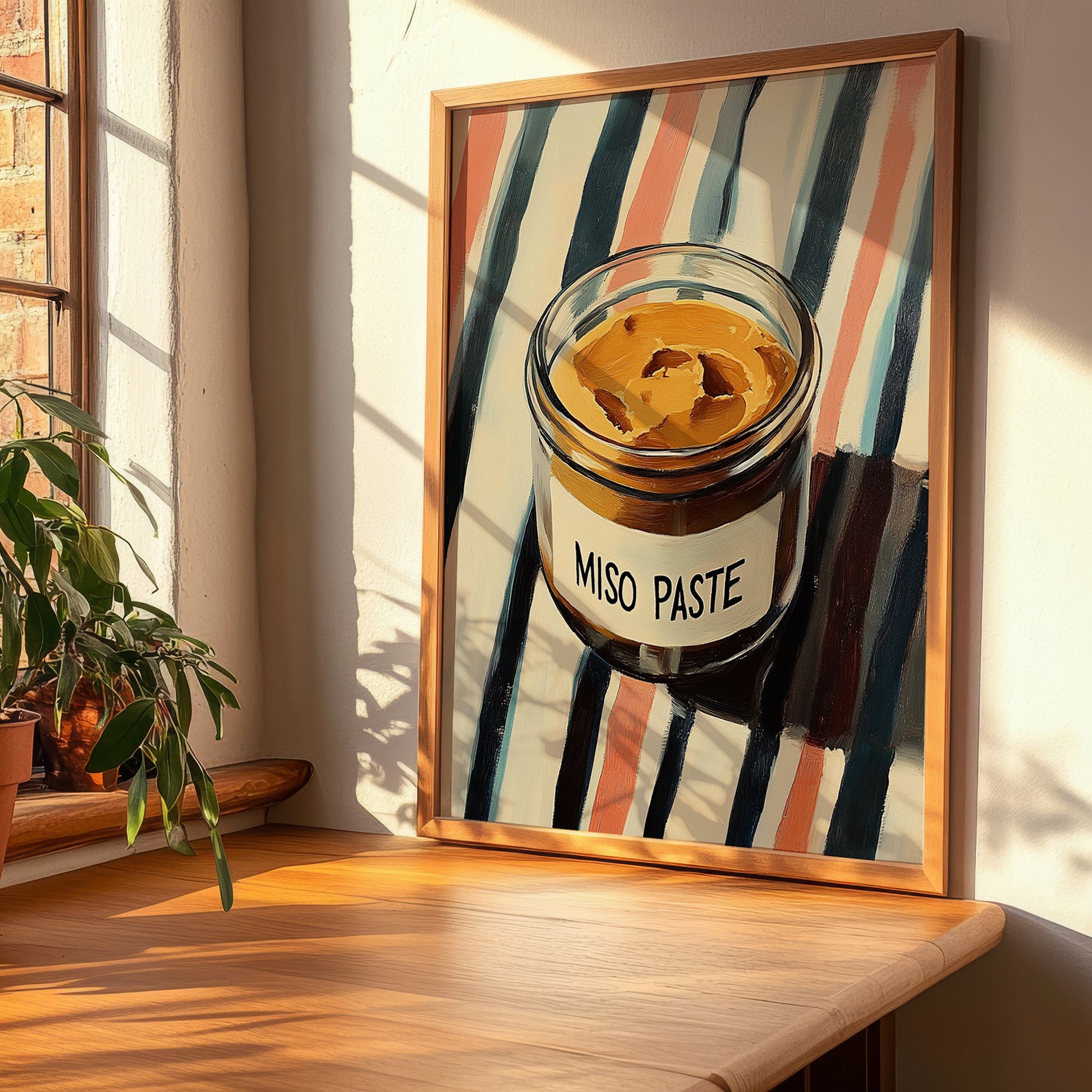Miso Paste – on Striped Tablecloth, Larder Wall Art, clean layout with no caption