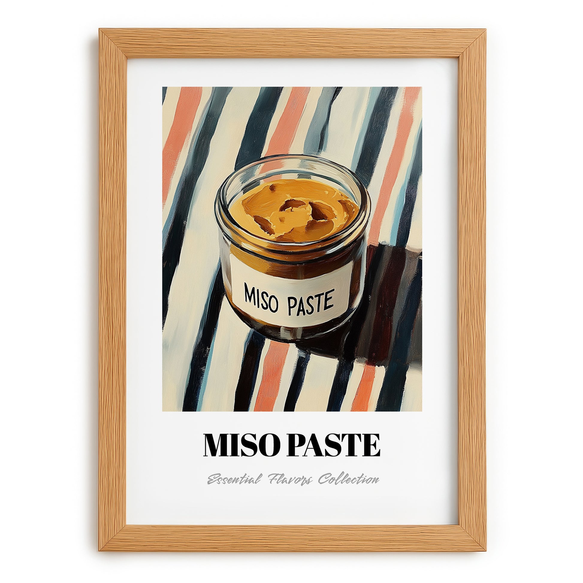 Miso Paste – on Striped Tablecloth, Larder Wall Art, set in oak frame