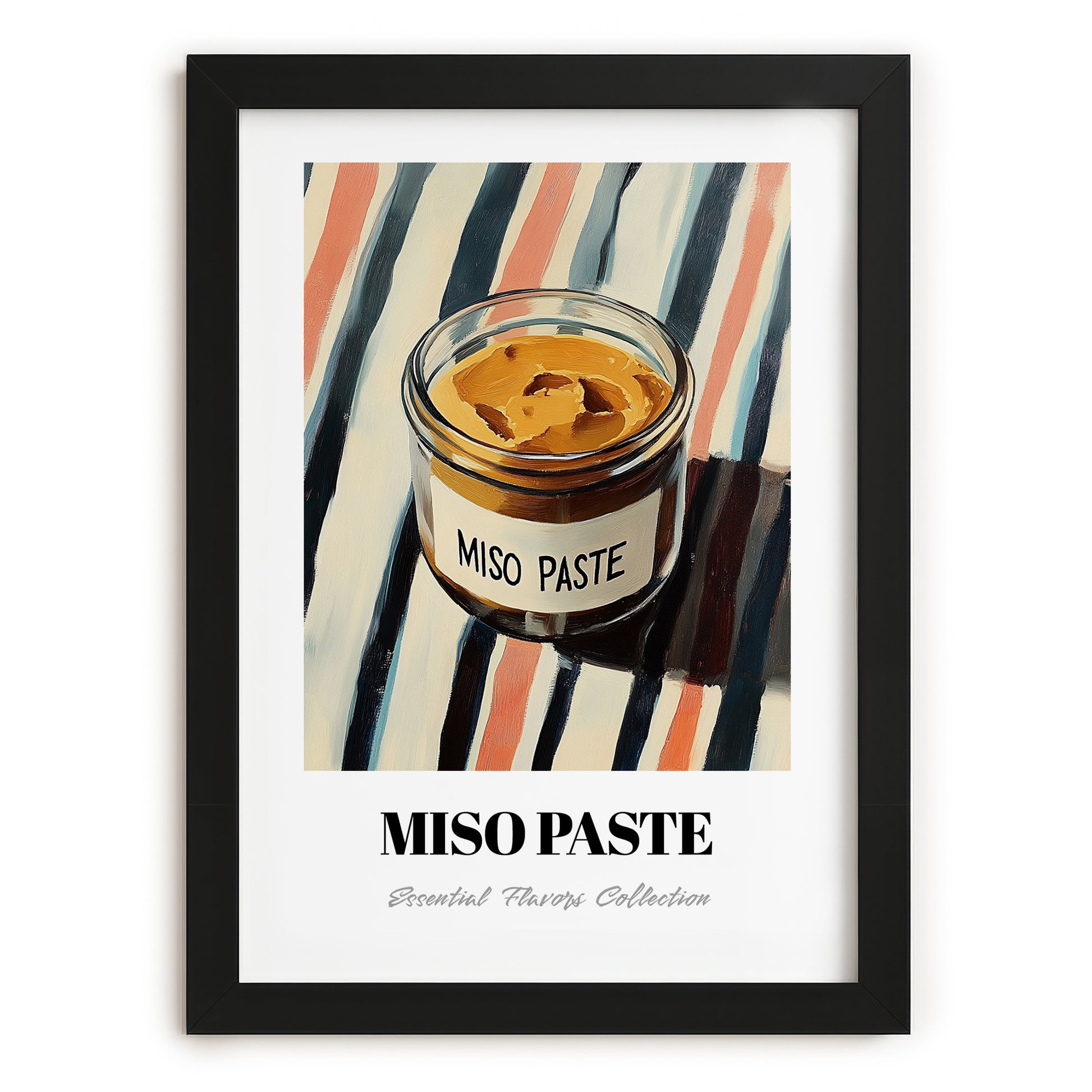 Miso Paste – on Striped Tablecloth, Larder Wall Art, in sleek black frame