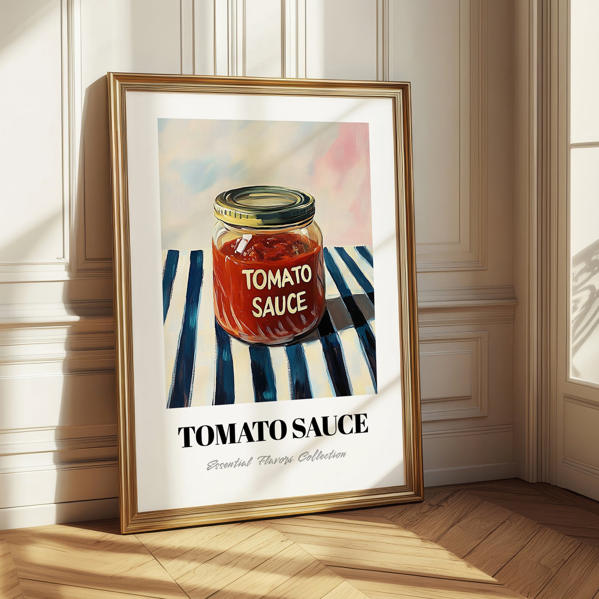 Tomato Sauce – on Striped Tablecloth, Grocery Still Life