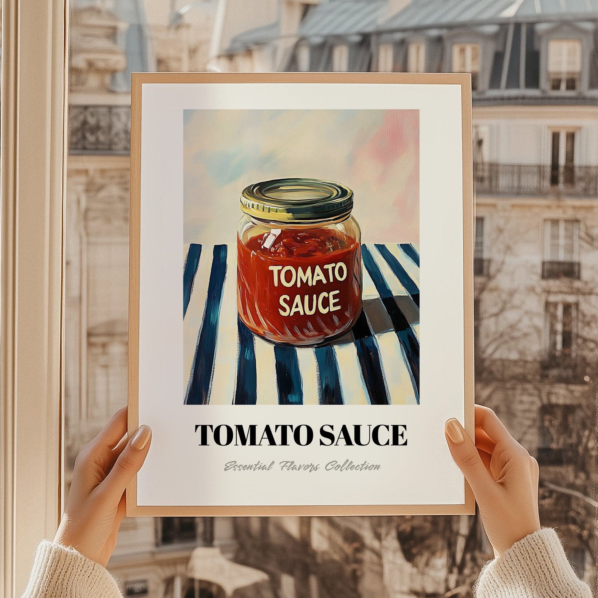 Tomato Sauce – on Striped Tablecloth, Grocery Still Life, styled in a charming Paris street view