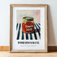 Tomato Sauce – on Striped Tablecloth, Grocery Still Life, in wooden frame leaning on the floor