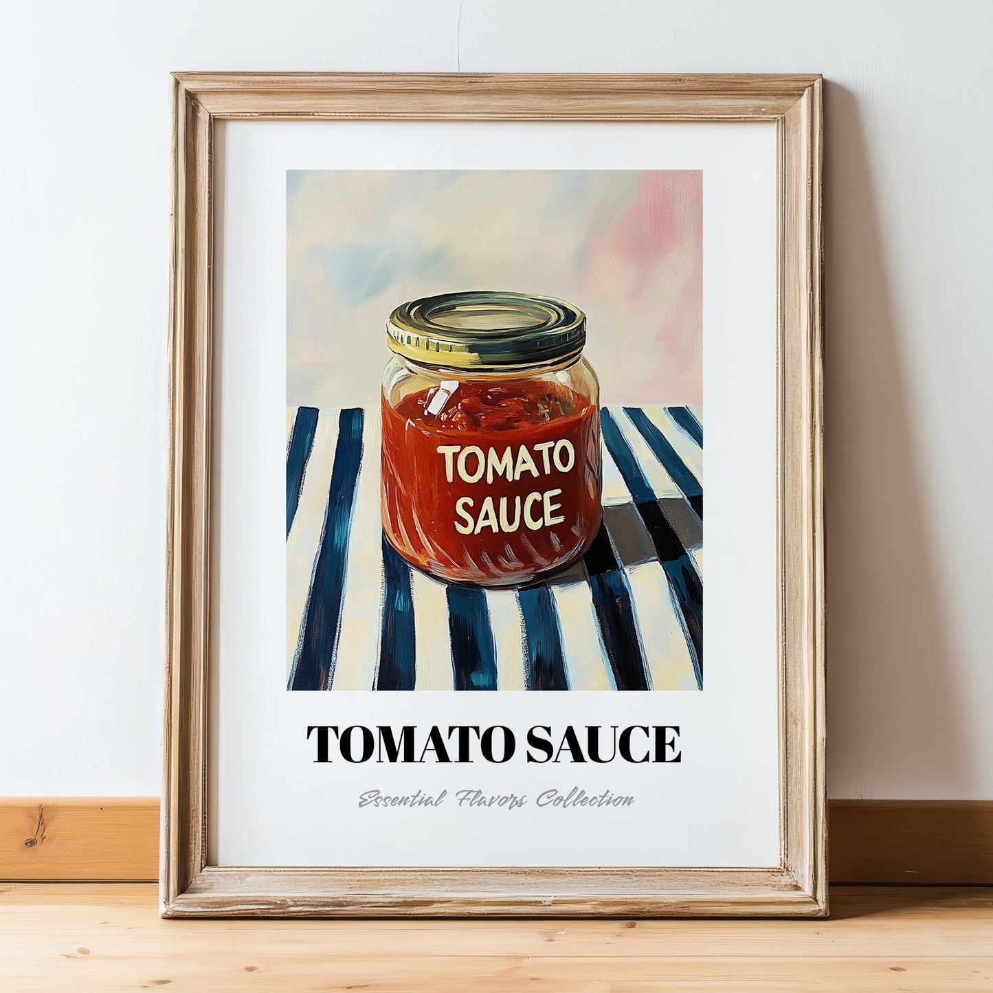 Tomato Sauce – on Striped Tablecloth, Grocery Still Life, in wooden frame leaning on the floor