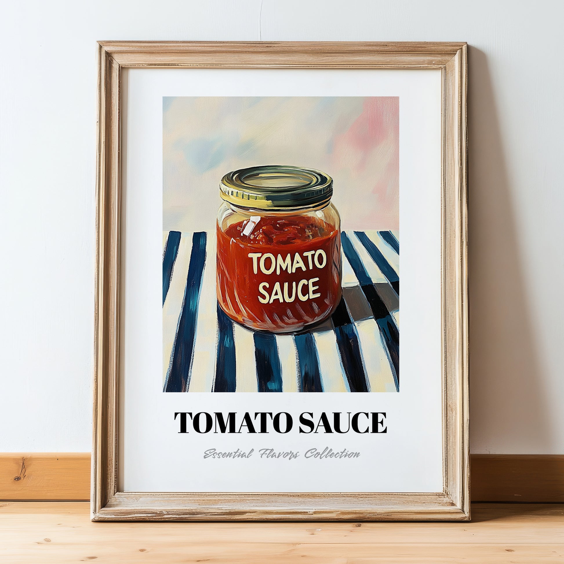 Tomato Sauce – on Striped Tablecloth, Grocery Still Life, in wooden frame leaning on the floor