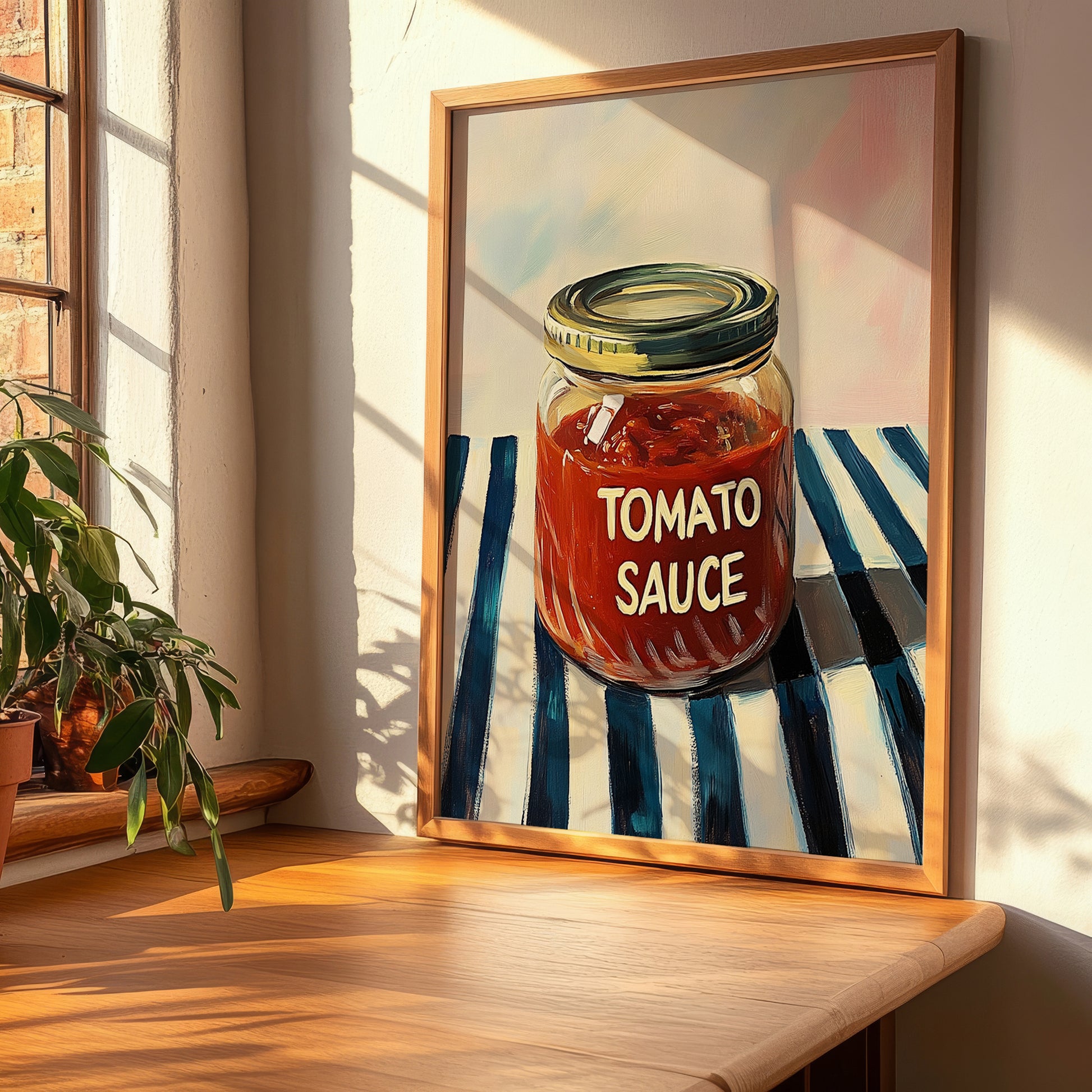 Tomato Sauce – on Striped Tablecloth, Grocery Still Life, clean layout with no caption