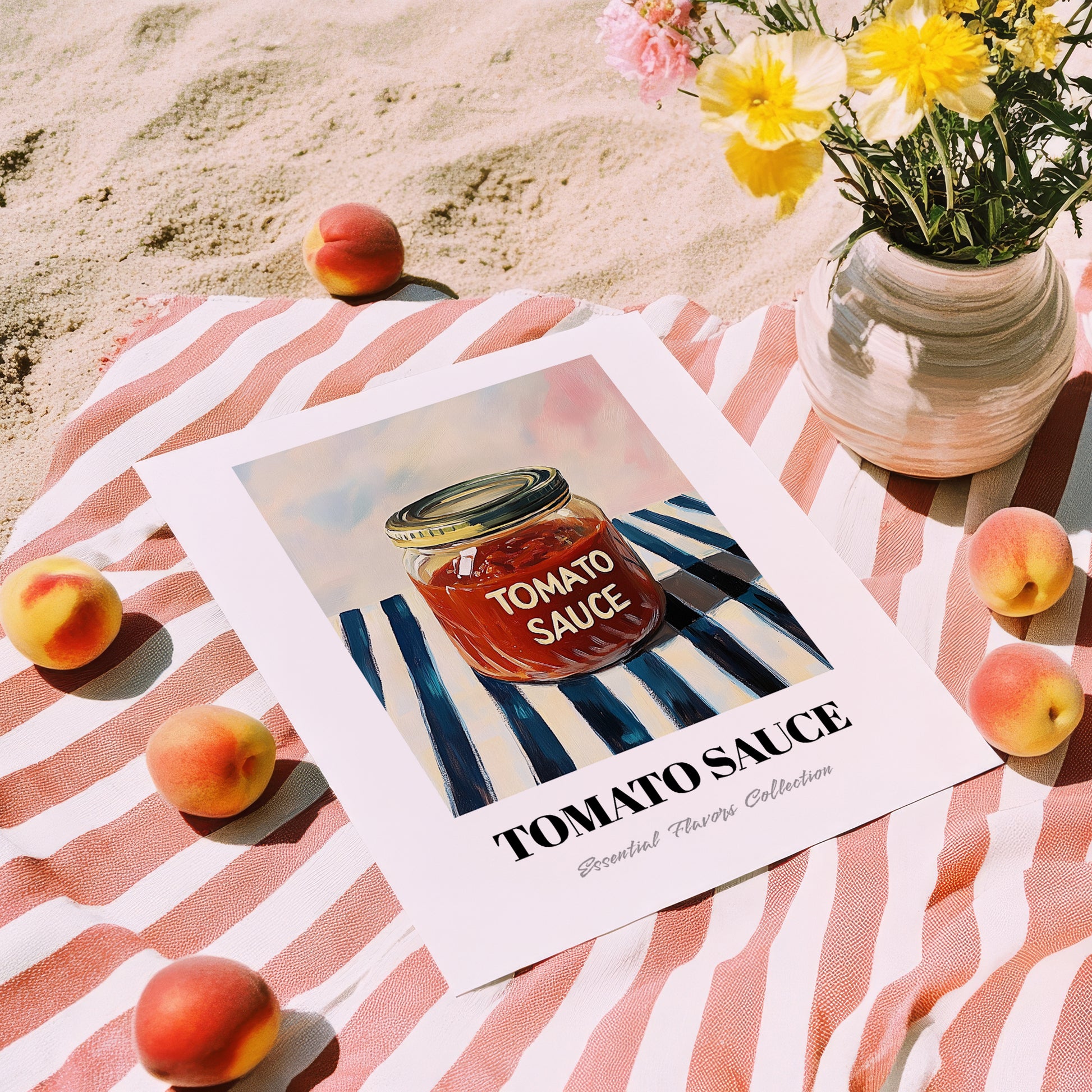 Tomato Sauce – on Striped Tablecloth, Grocery Still Life, unframed on coastal sand