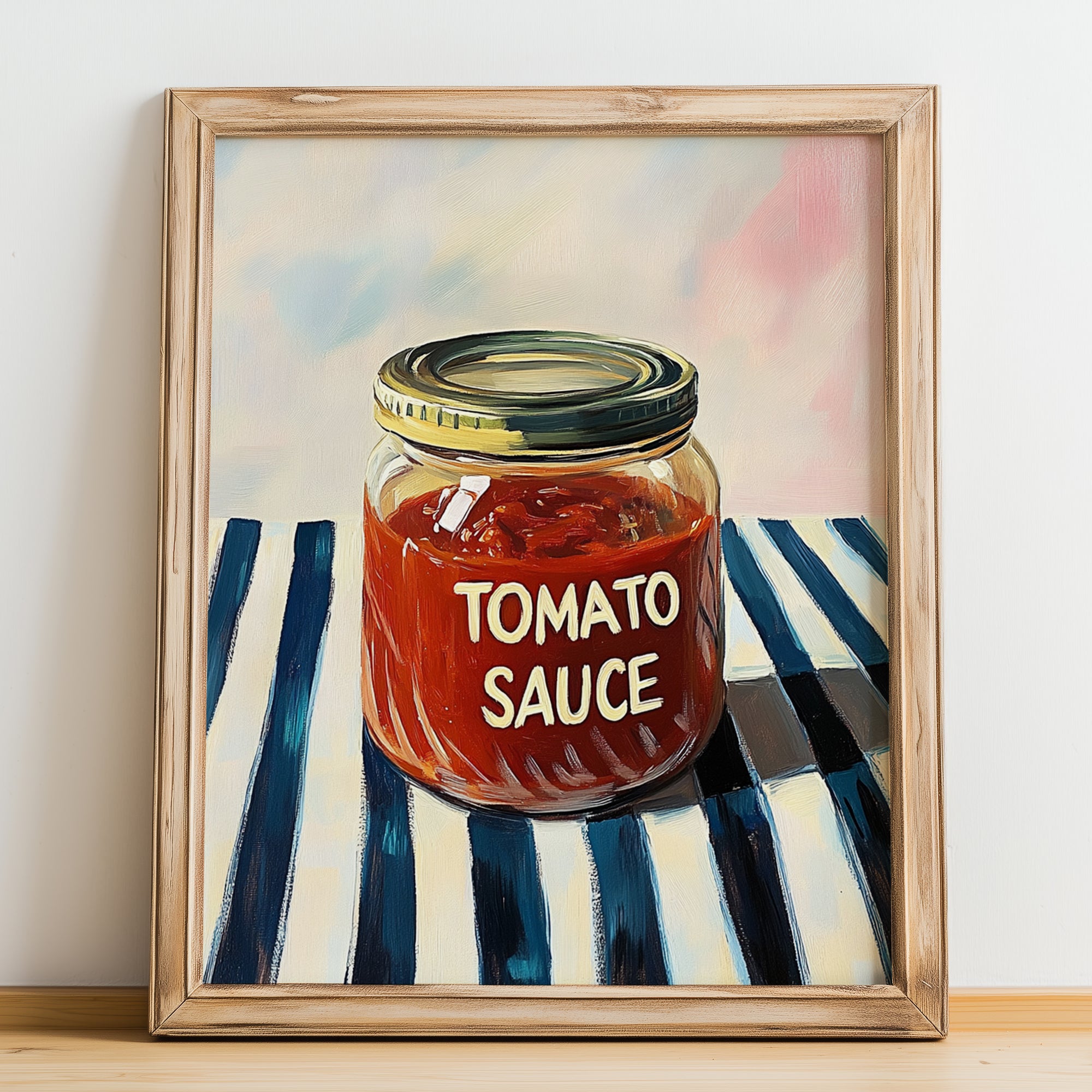 Tomato Sauce – on Striped Tablecloth, Grocery Still Life, no-text version framed in wood