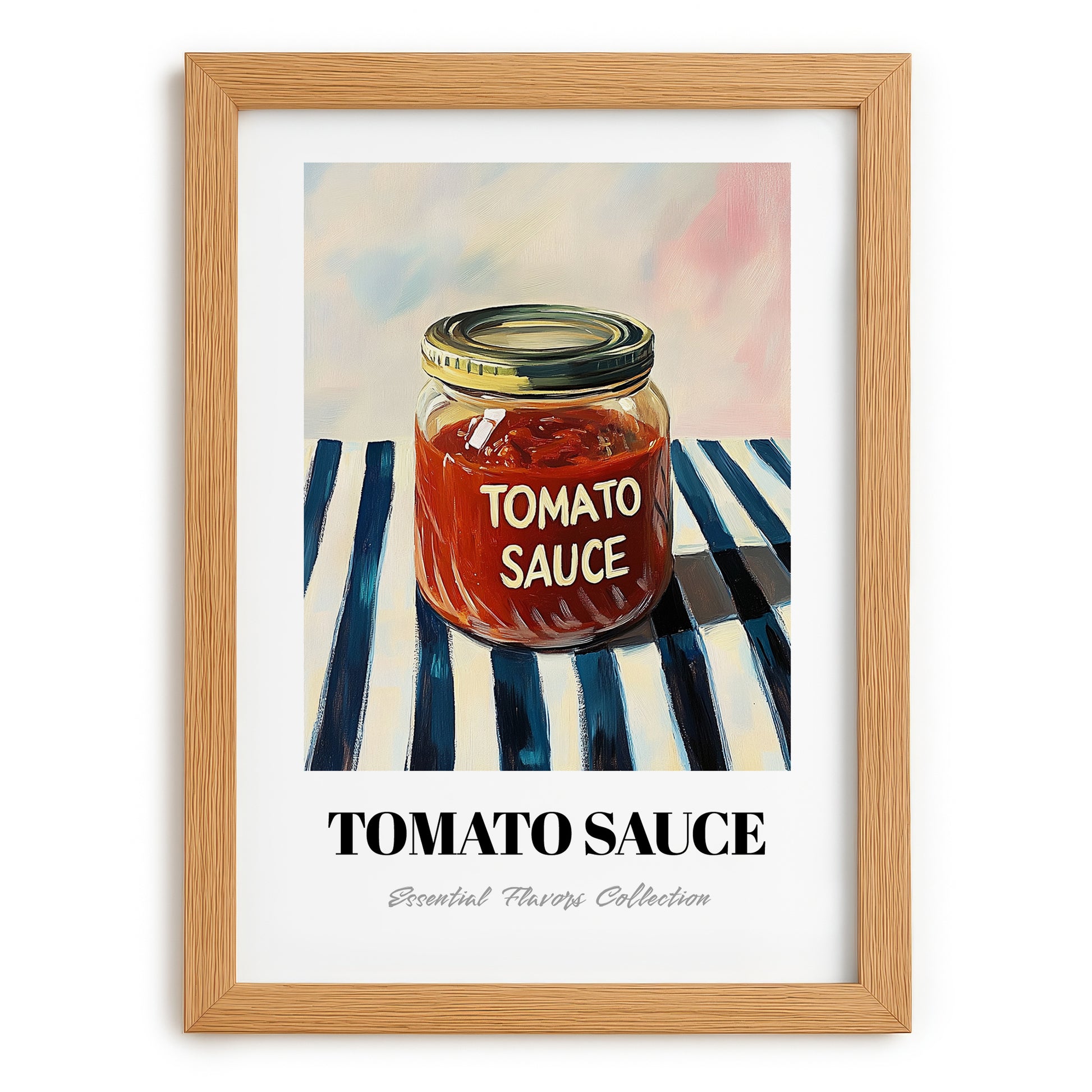 Tomato Sauce – on Striped Tablecloth, Grocery Still Life, set in oak frame