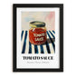 Tomato Sauce – on Striped Tablecloth, Grocery Still Life, in sleek black frame