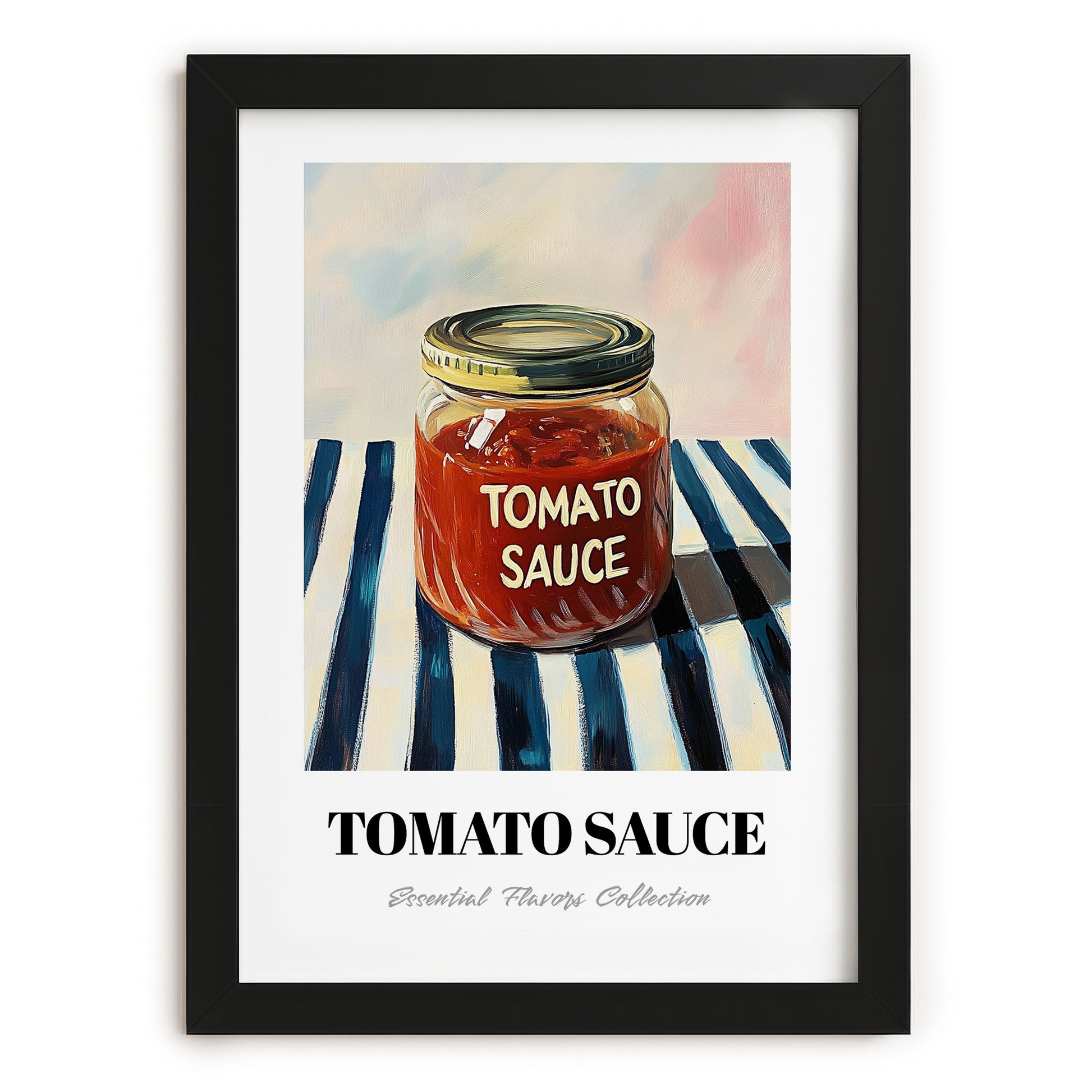 Tomato Sauce – on Striped Tablecloth, Grocery Still Life, in sleek black frame