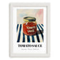 Tomato Sauce – on Striped Tablecloth, Grocery Still Life, placed in minimal white frame