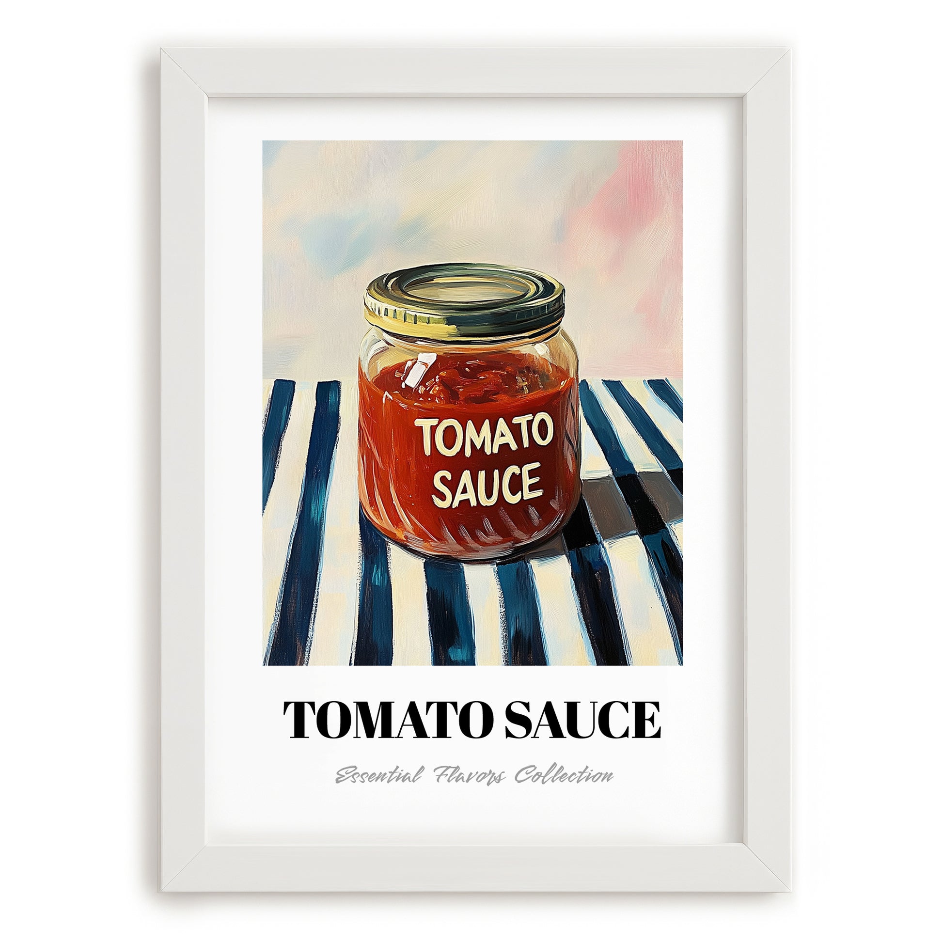 Tomato Sauce – on Striped Tablecloth, Grocery Still Life, placed in minimal white frame