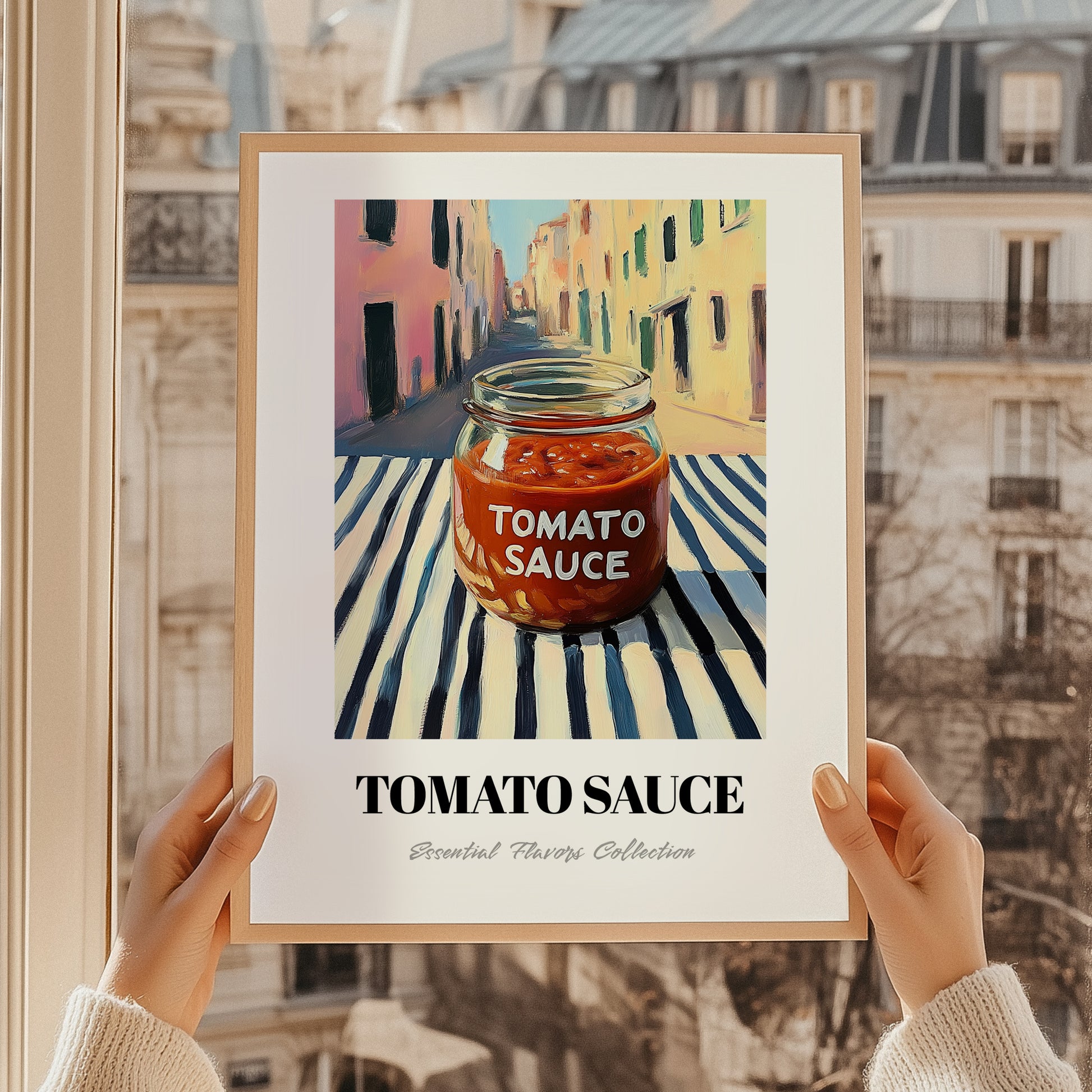 Tomato Sauce – Italian Street Café Scene, Grocery Wall Illustration, styled in a charming Paris street view