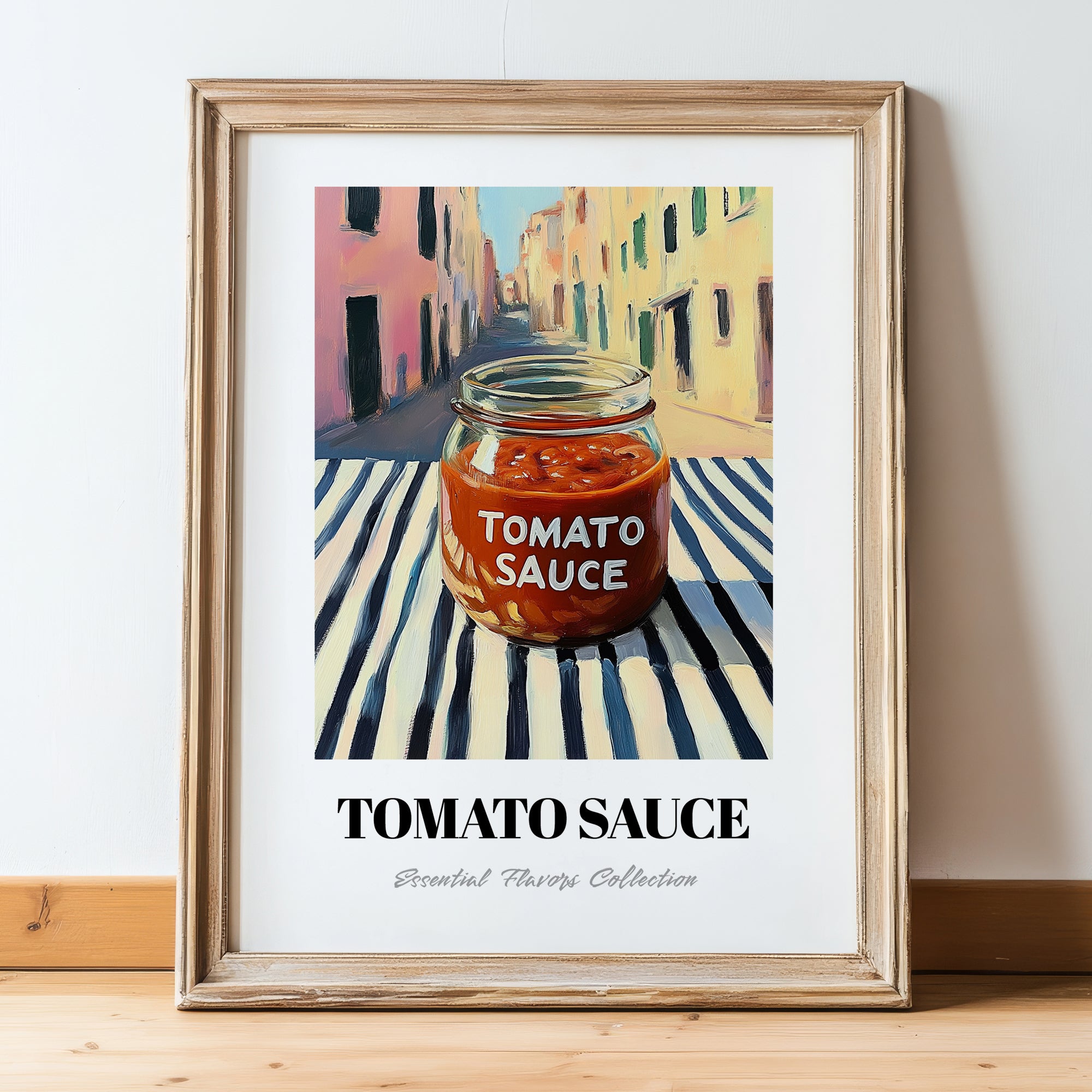 Tomato Sauce – Italian Street Café Scene, Grocery Wall Illustration, in wooden frame leaning on the floor