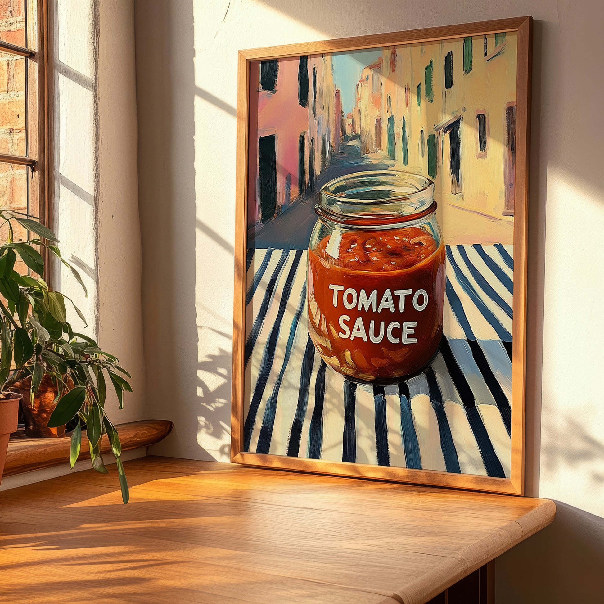 Tomato Sauce – Italian Street Café Scene, Grocery Wall Illustration, clean layout with no caption
