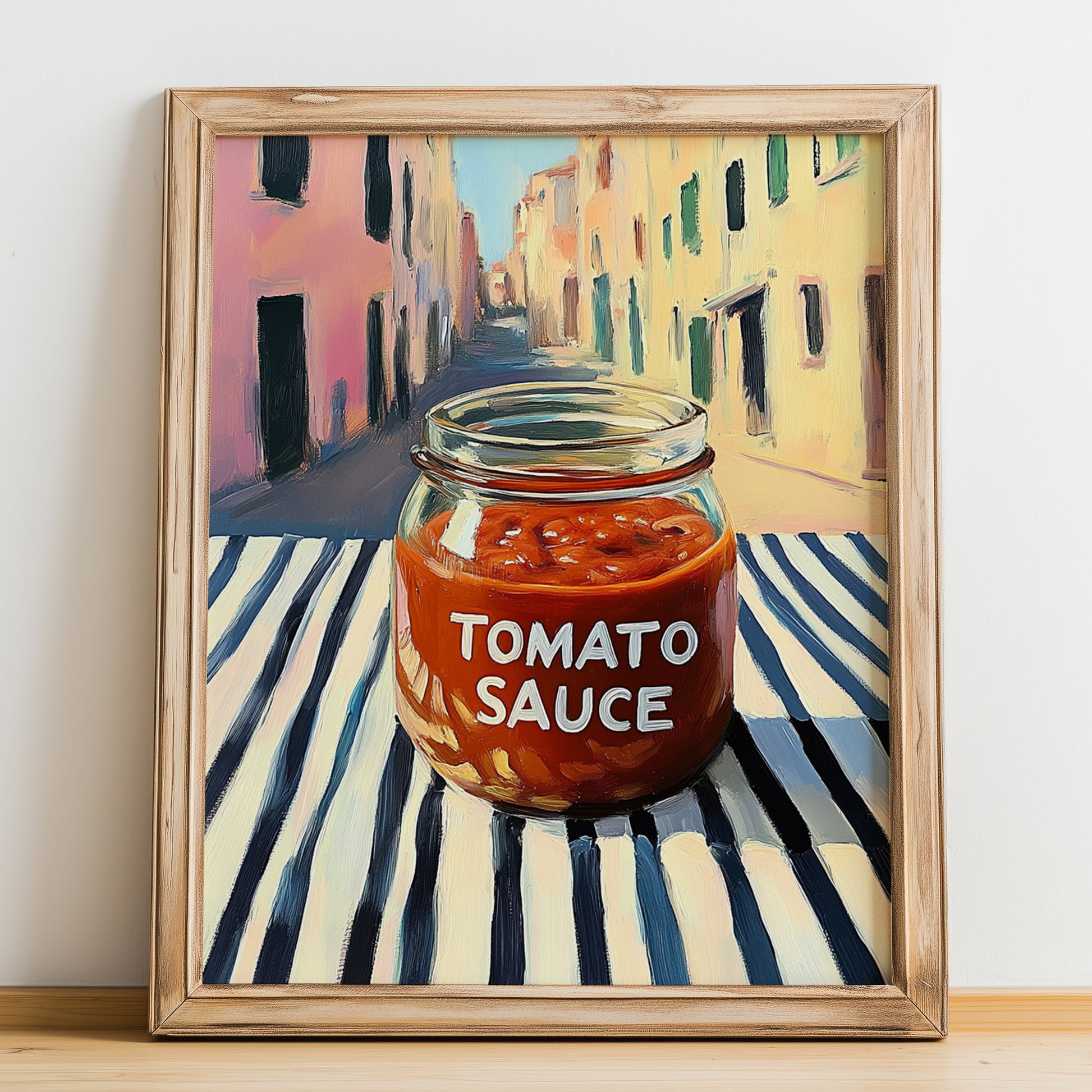Tomato Sauce – Italian Street Café Scene, Grocery Wall Illustration, no-text version framed in wood