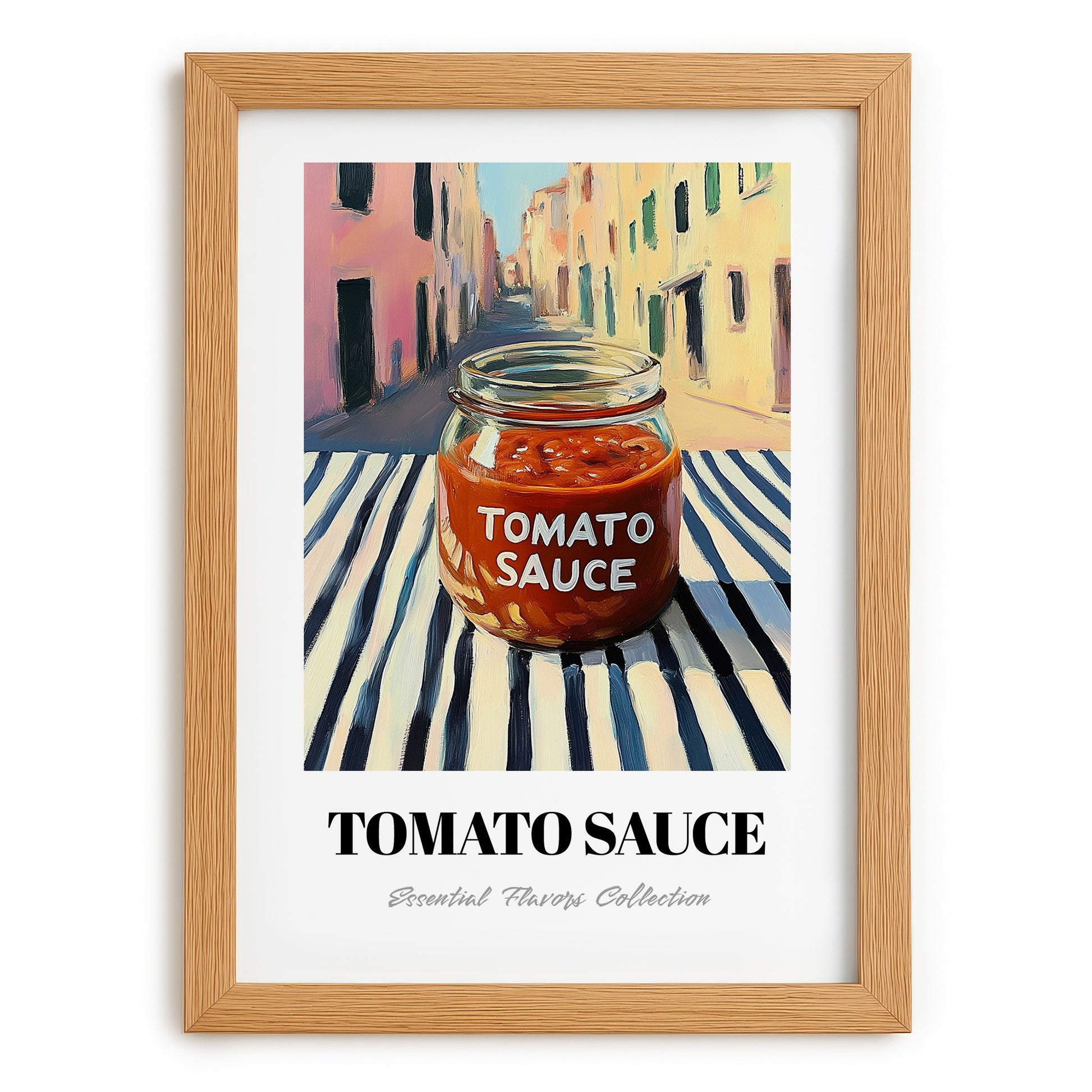 Tomato Sauce – Italian Street Café Scene, Grocery Wall Illustration, set in oak frame