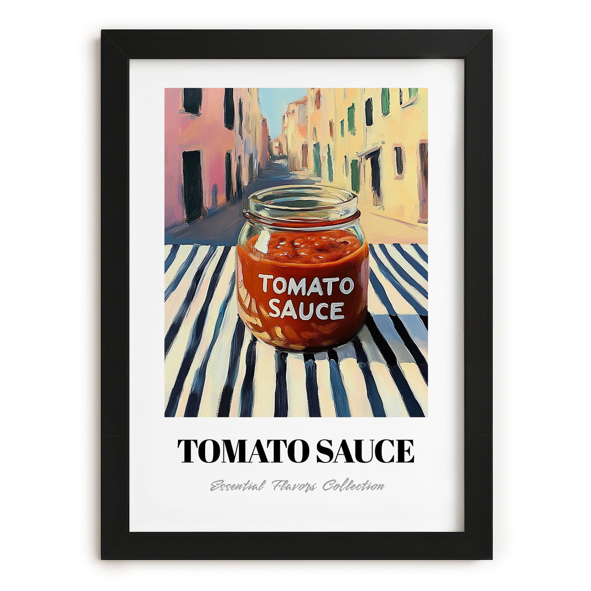 Tomato Sauce – Italian Street Café Scene, Grocery Wall Illustration, in sleek black frame