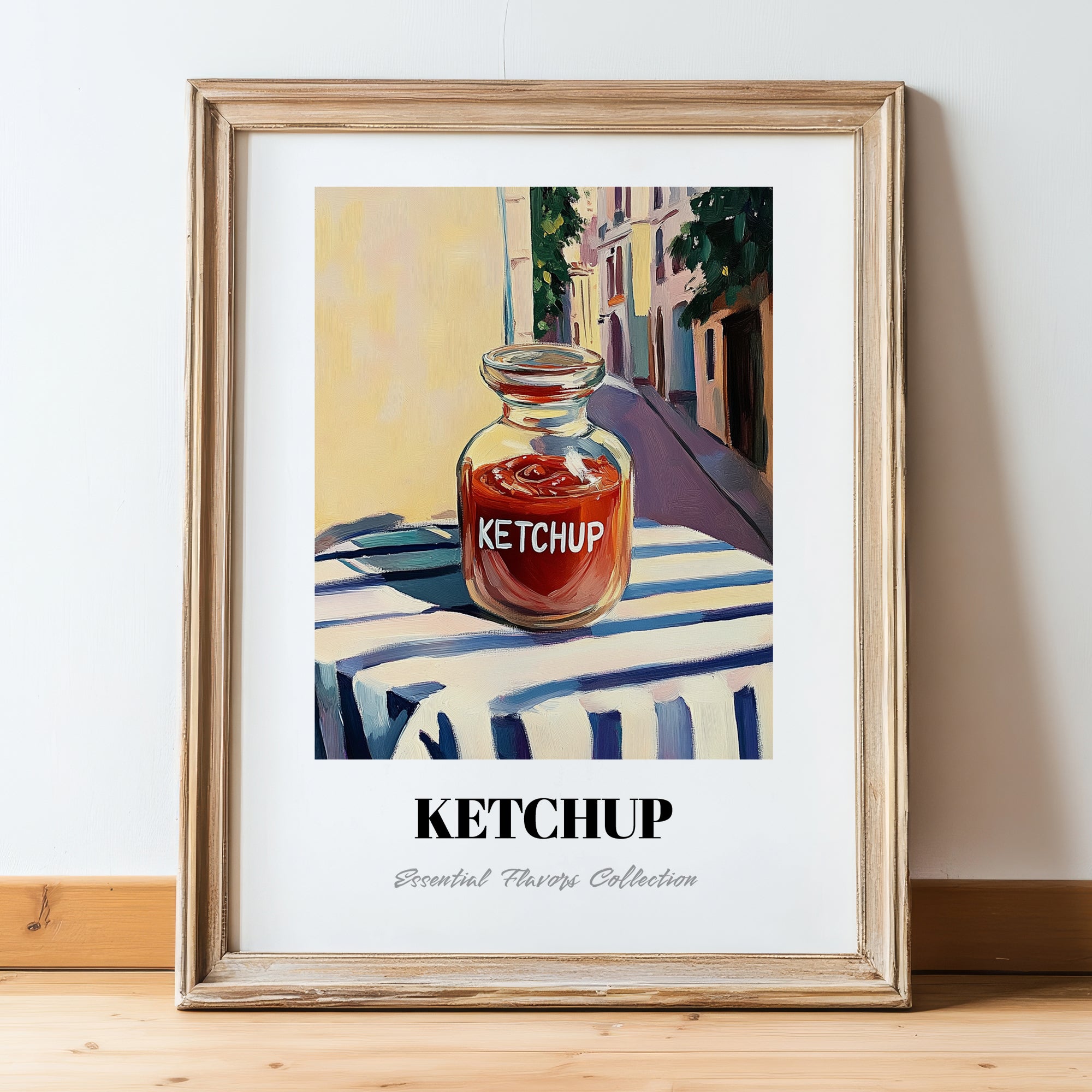 Ketchup – Italian Urban Café Scene, Shelf Stock Wall Decor, in wooden frame leaning on the floor