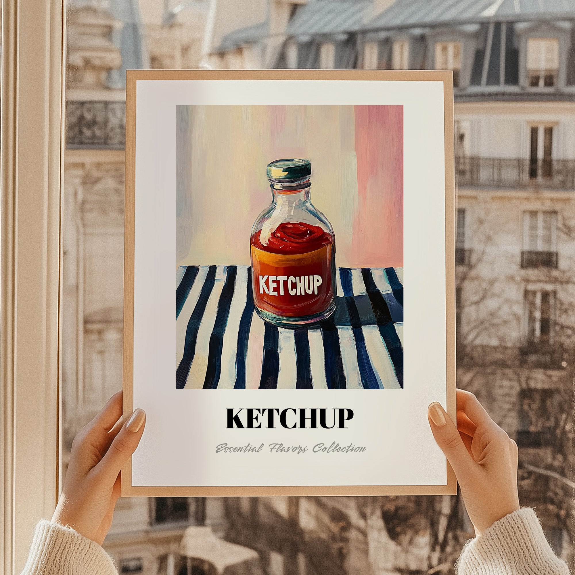 Ketchup – on Striped Tablecloth, Grocery Still Life, styled in a charming Paris street view