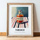 Tabasco – on Striped Tablecloth, Pantry Art, in wooden frame leaning on the floor
