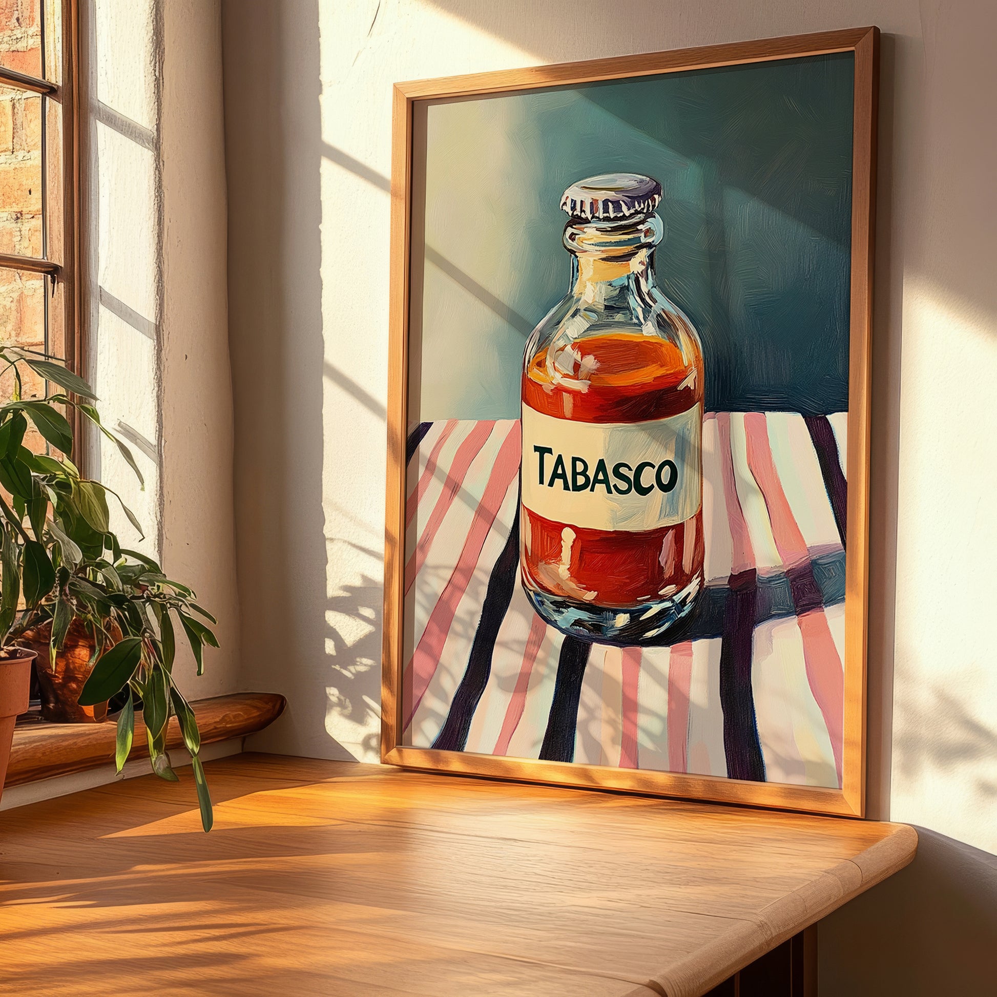 Tabasco – on Striped Tablecloth, Pantry Art, clean layout with no caption