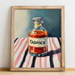 Tabasco – on Striped Tablecloth, Pantry Art, no-text version framed in wood