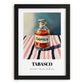Tabasco – on Striped Tablecloth, Pantry Art, in sleek black frame