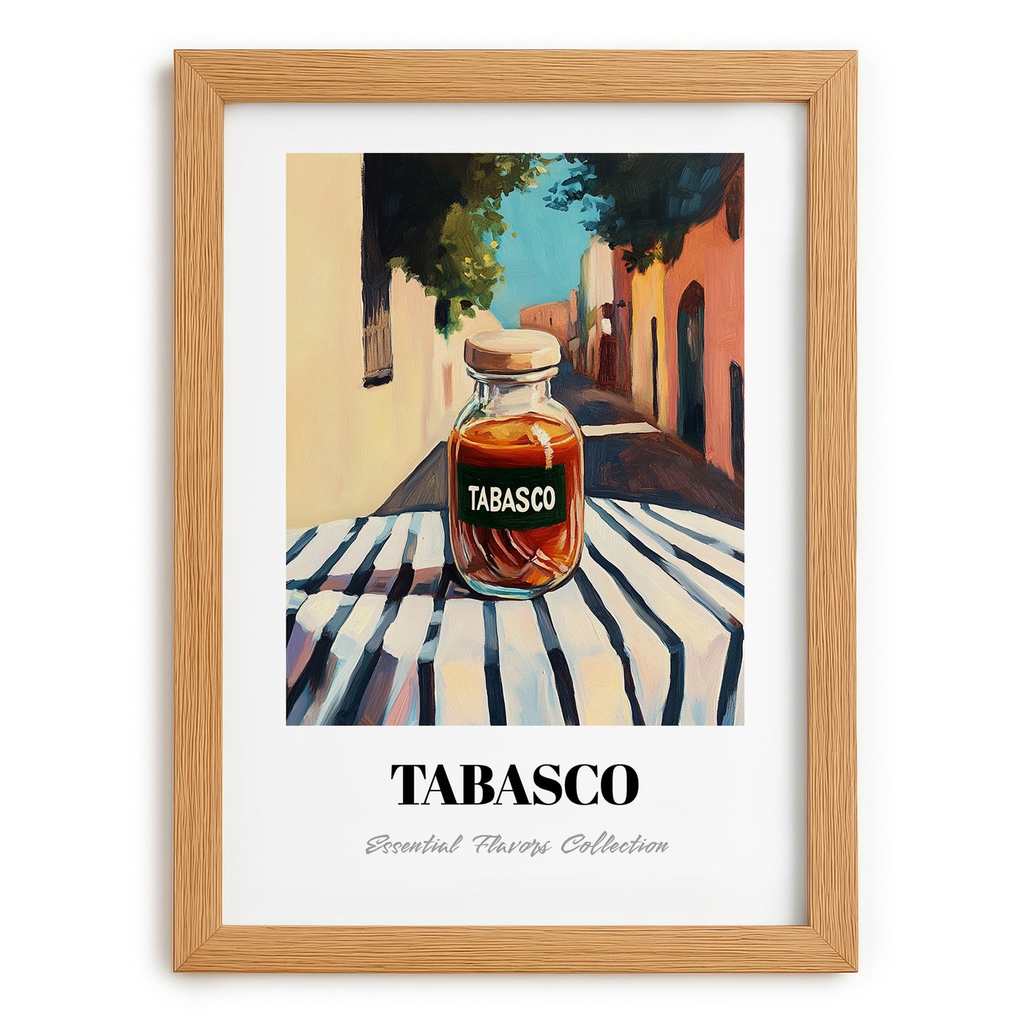 Tabasco – Italian Café on the Corner, Dry Goods Painting, set in oak frame