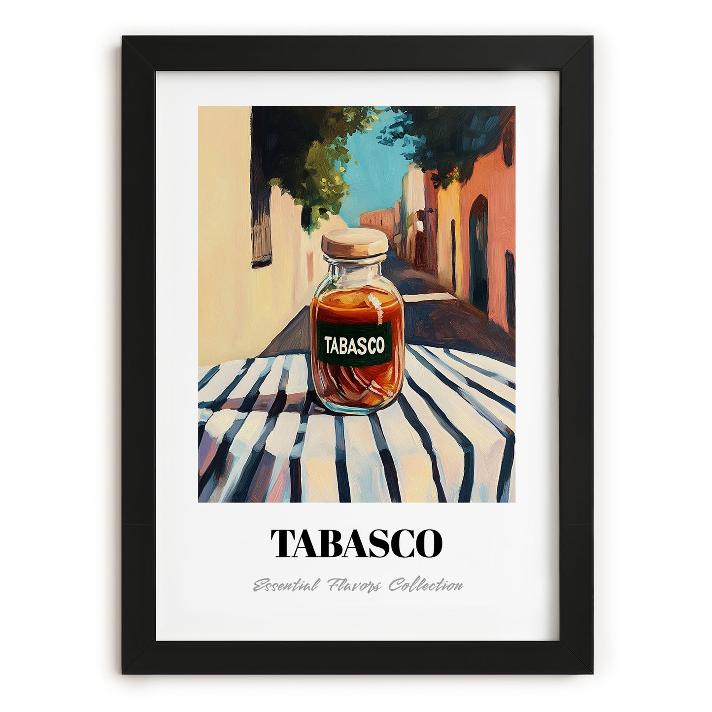 Tabasco – Italian Café on the Corner, Dry Goods Painting, in sleek black frame