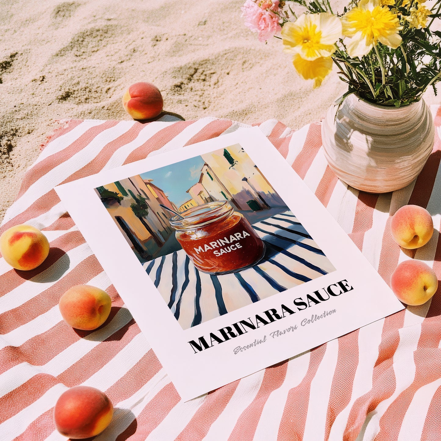 Marinara Sauce – Italian Café on the Corner, Pantry Art, unframed on coastal sand