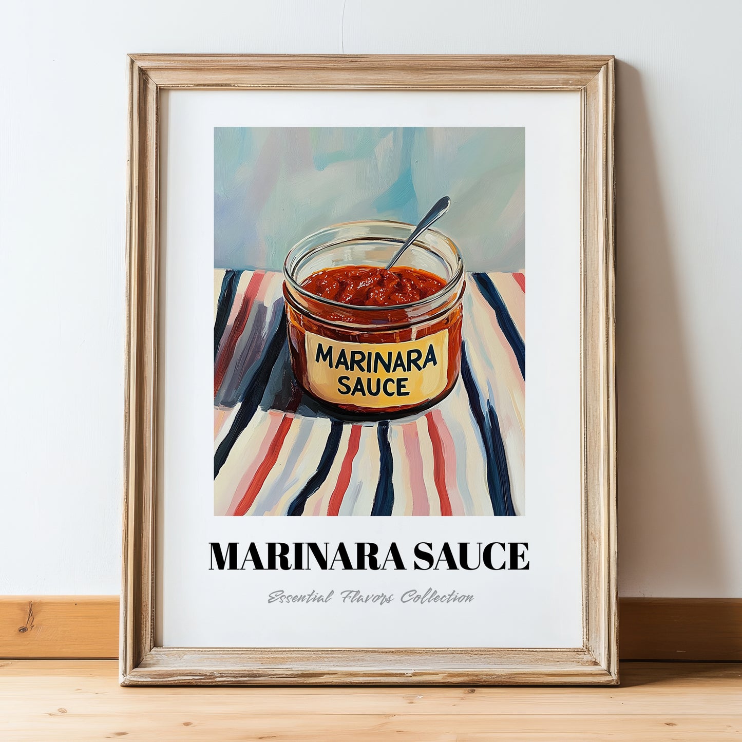 Marinara Sauce – on Striped Tablecloth, Grocery Wall Painting, in wooden frame leaning on the floor