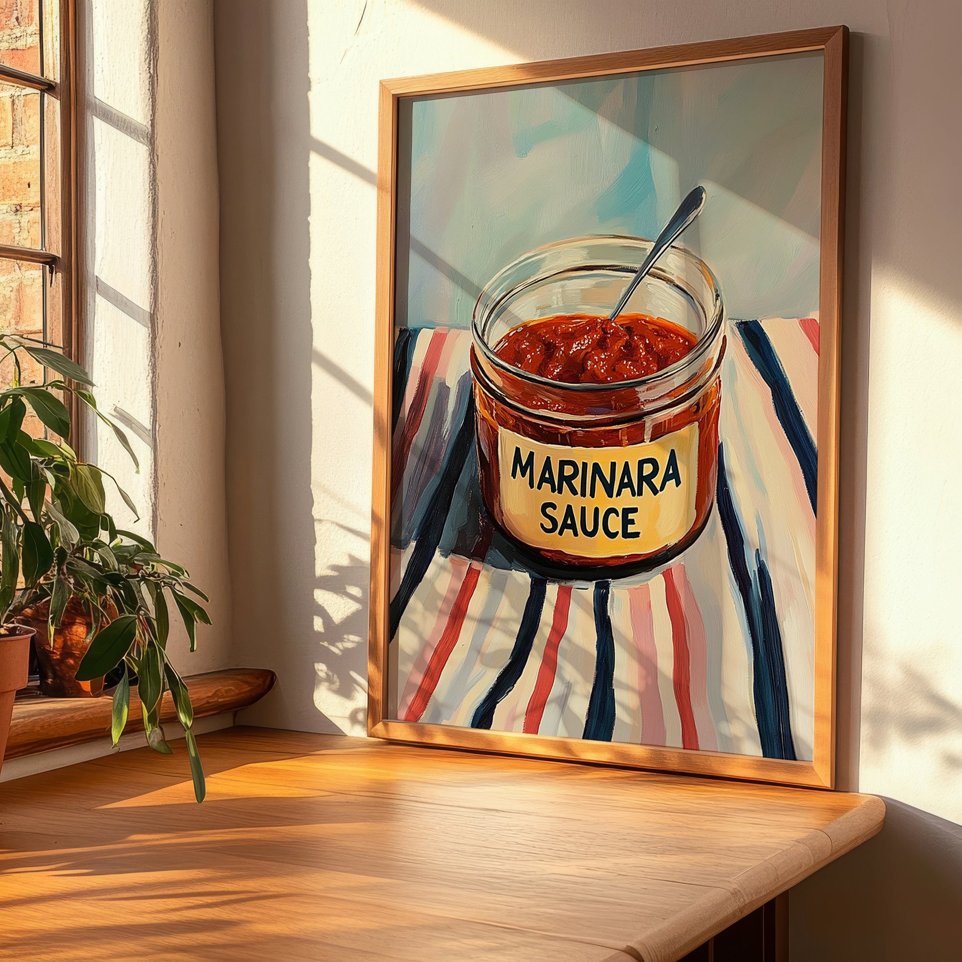 Marinara Sauce – on Striped Tablecloth, Grocery Wall Painting, clean layout with no caption