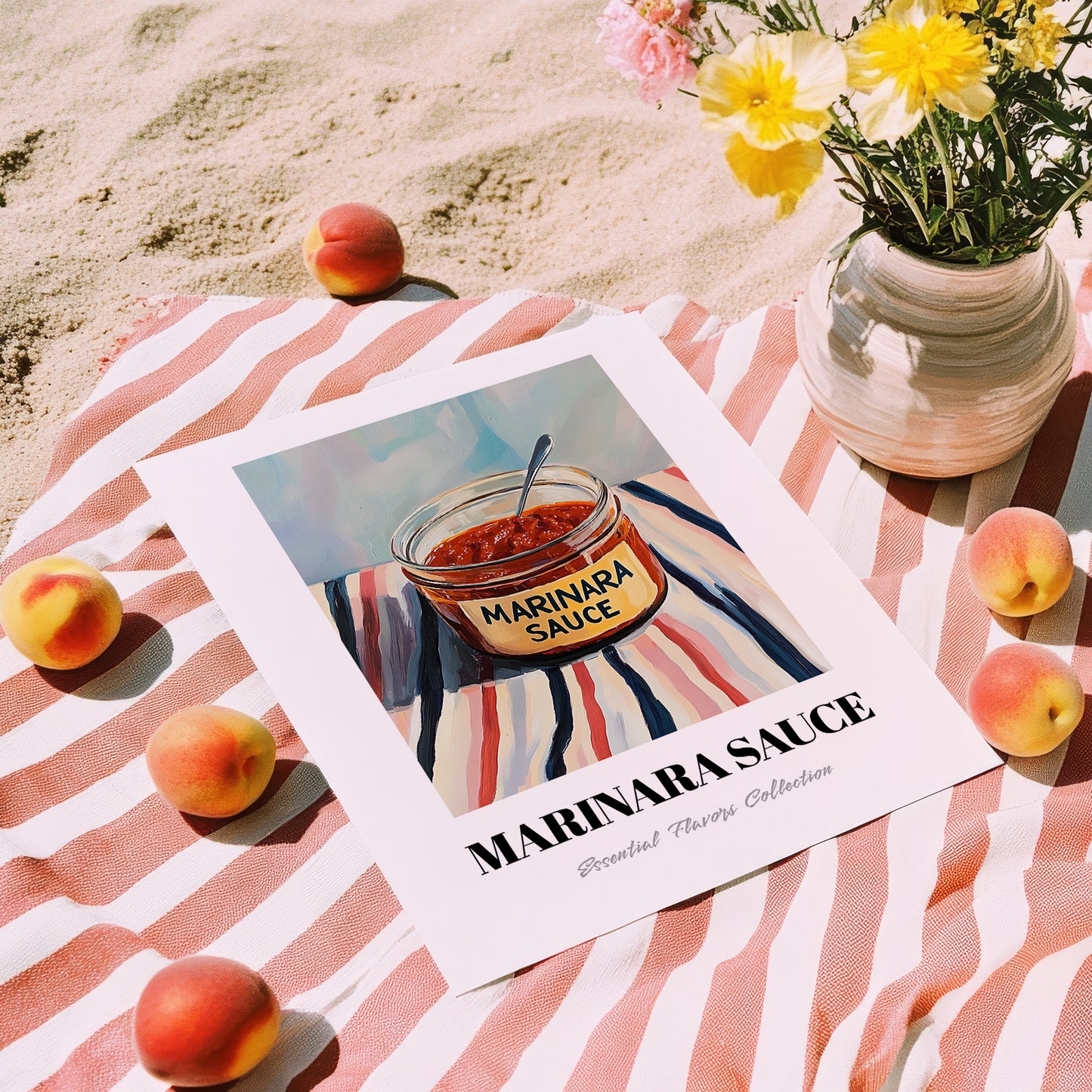 Marinara Sauce – on Striped Tablecloth, Grocery Wall Painting, unframed on coastal sand