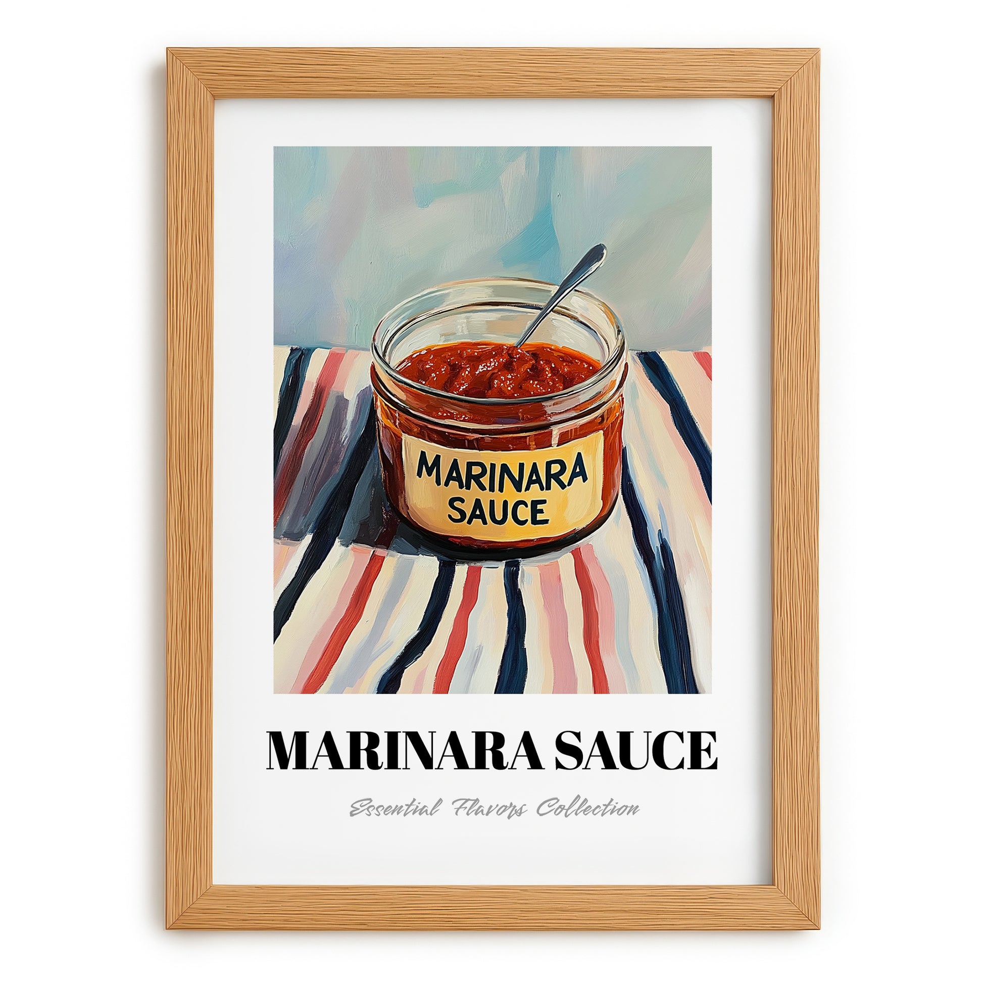 Marinara Sauce – on Striped Tablecloth, Grocery Wall Painting, set in oak frame