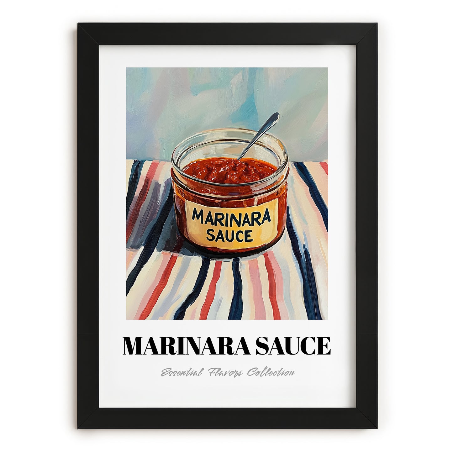 Marinara Sauce – on Striped Tablecloth, Grocery Wall Painting, in sleek black frame